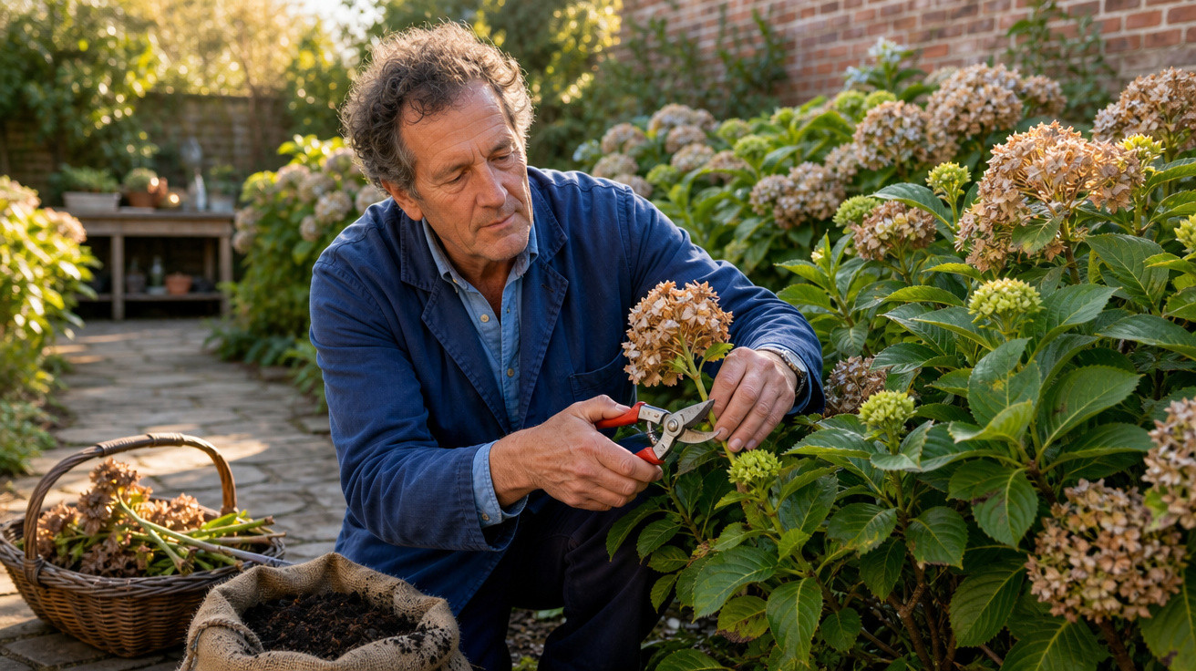 Homem a podar flores murchas num jardim com tesoura de jardinagem e cesta ao lado.