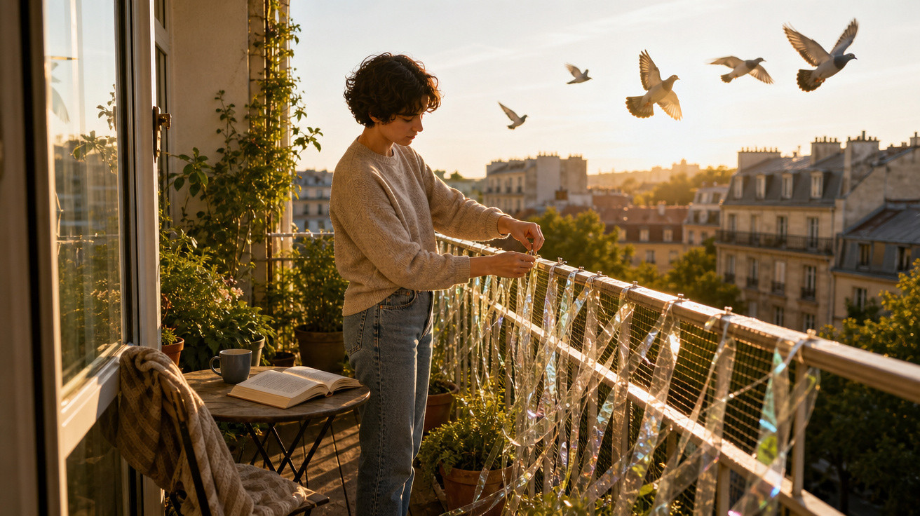 Pessoa a decorar varanda de apartamento ao pôr do sol com pombos a voar ao fundo na cidade.