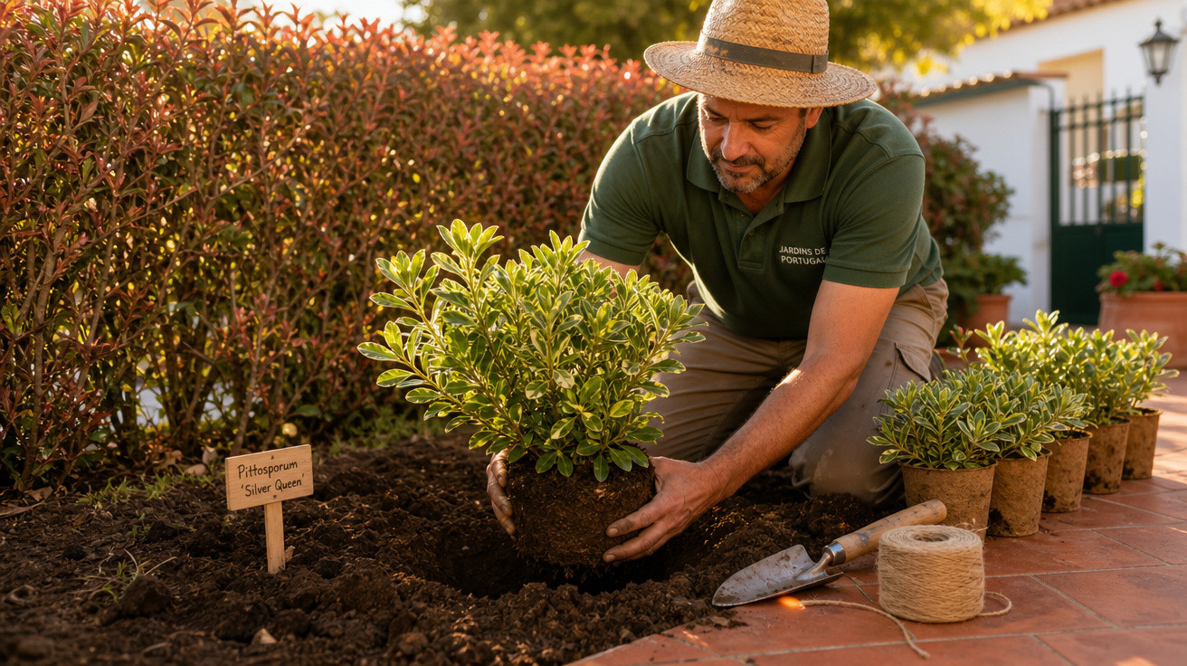 Homem com chapéu a plantar um arbusto Pittosporum 'Silver Queen' num jardim ensolarado.