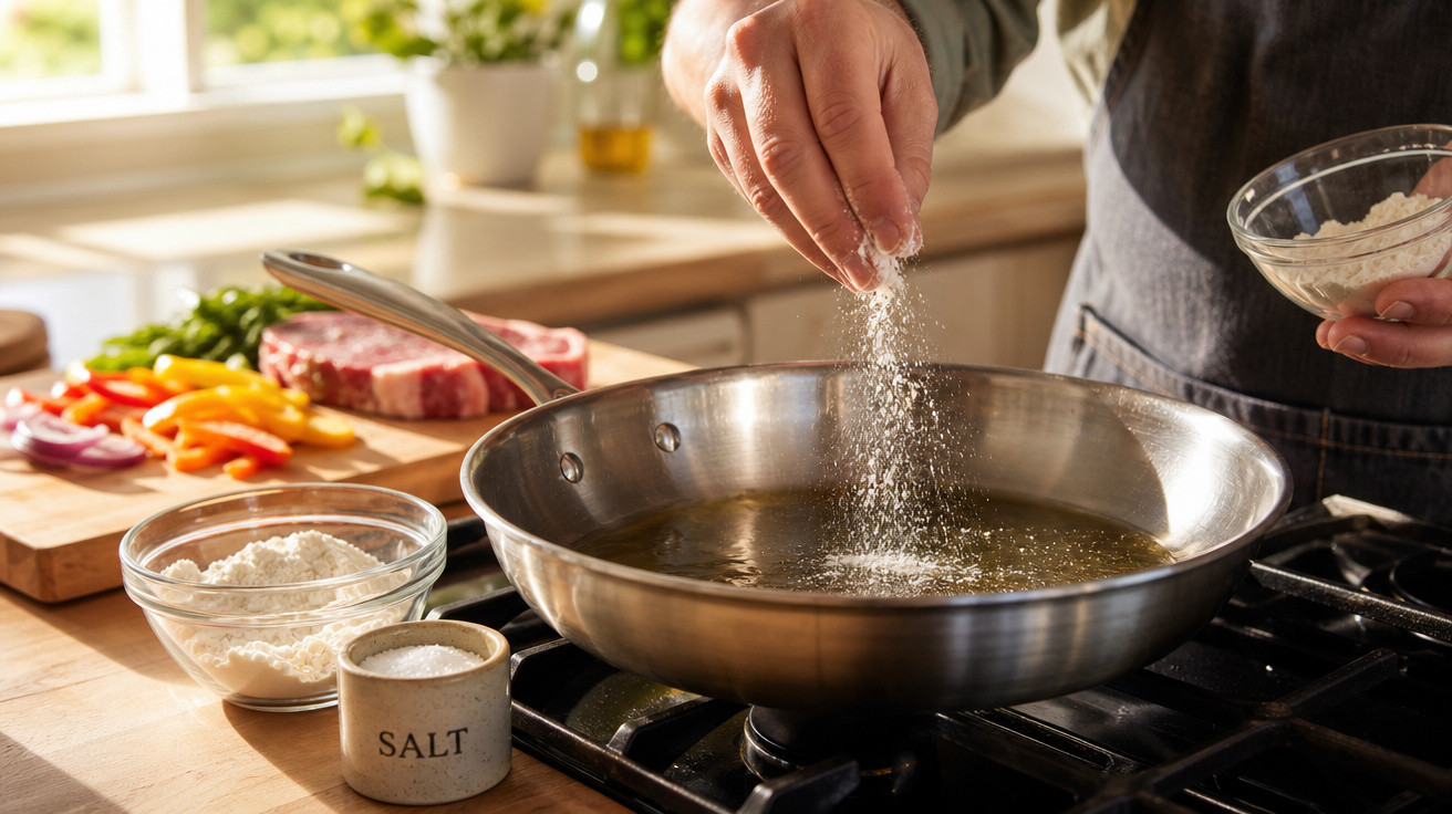 Pessoa a temperar com sal frigideira com óleo num fogão, com ingredientes frescos numa tábua ao fundo.