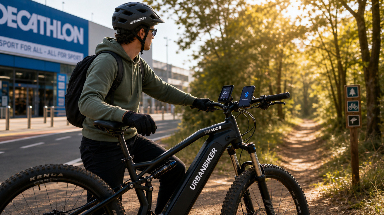 Homem de capacete e mochila numa bicicleta elétrica olha para um trilho florestal num dia de sol.