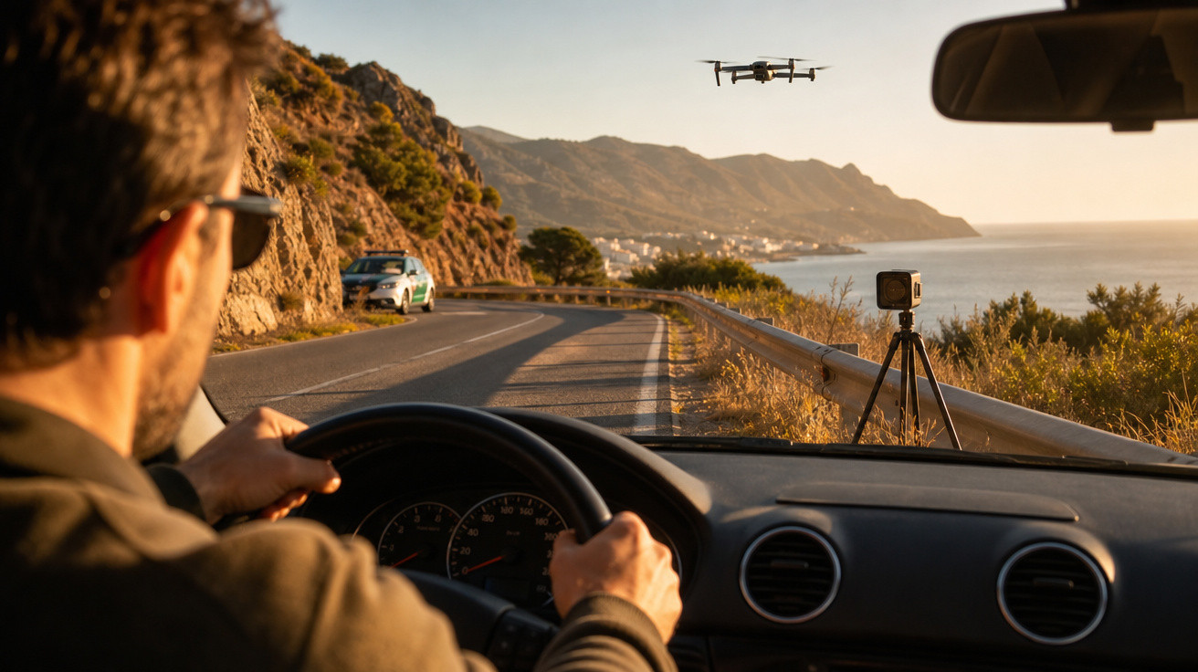 Homem a conduzir carro numa estrada costeira com drone e câmara montada em tripé à beira da estrada.