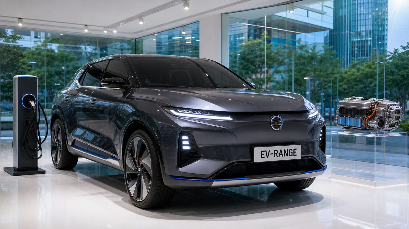 Carro elétrico cinza escuro em exposição interna, com estação de carregamento e motor elétrico ao lado.