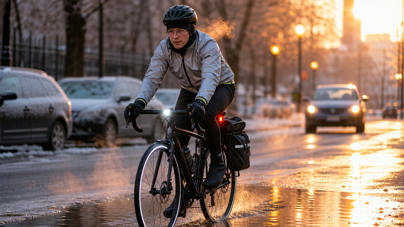 Homem com equipamento de segurança a andar de bicicleta num dia frio e molhado na cidade ao pôr do sol.