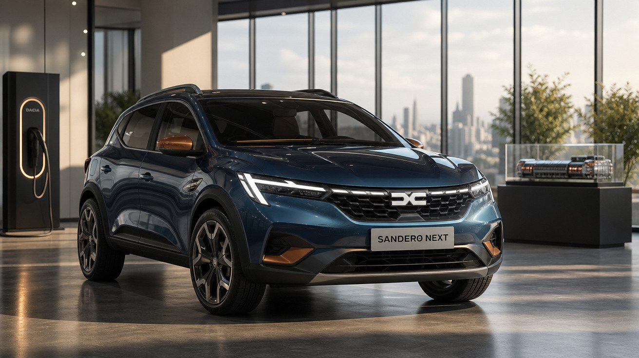 Carro SUV azul Dacia Sandero Next estacionado em espaço moderno com grandes janelas e carregador elétrico.