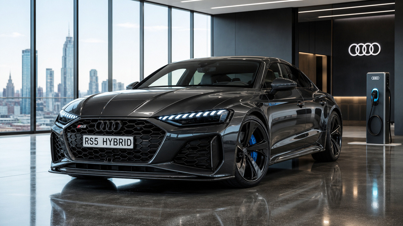 Carro Audi RS5 Hybrid preto estacionado em showroom moderno com janelas amplas e estação de carregamento elétrico.