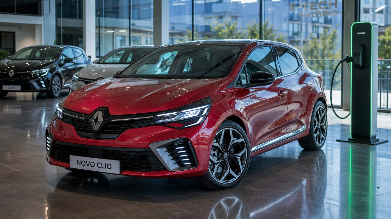 Renault Novo Clio vermelho em exposição numa sala moderna com carregador elétrico ao lado.