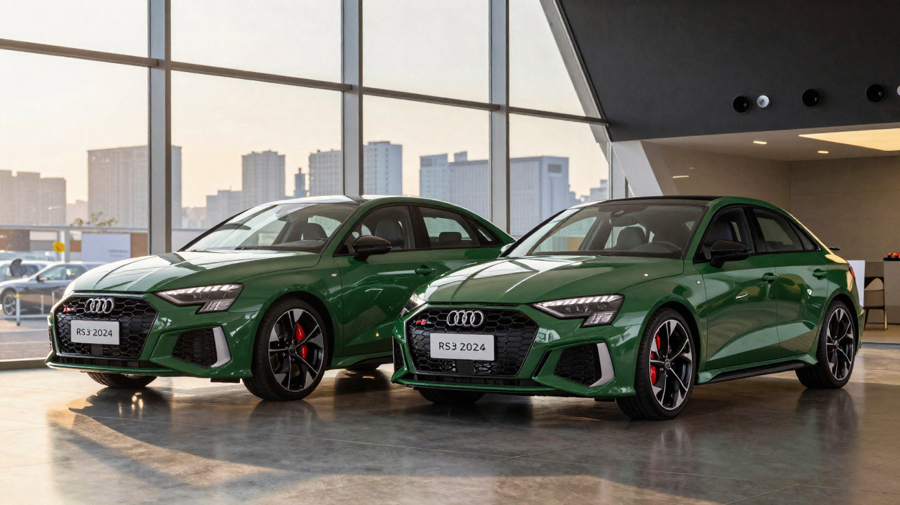 Dois carros Audi RS3 2024 verdes estacionados em interior de showroom com grandes janelas e vista urbana.