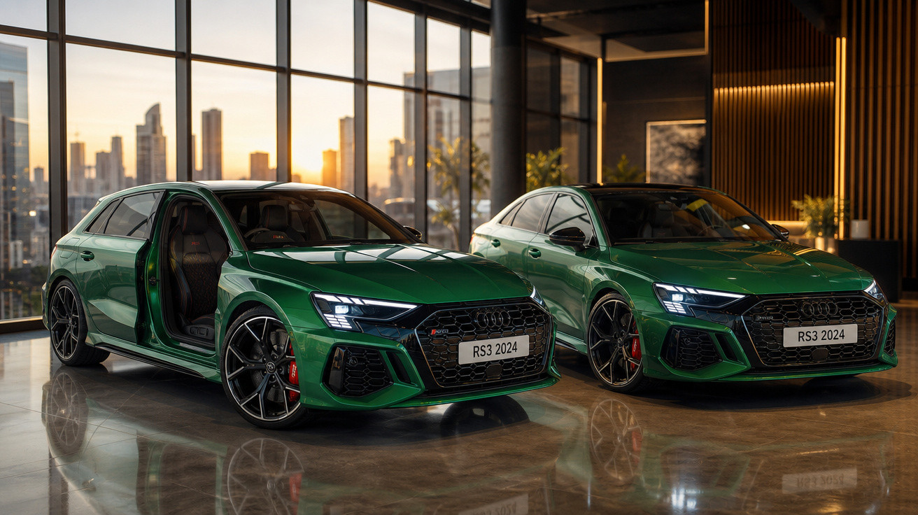 Dois carros Audi RS3 2024 verdes estacionados em salão moderno com luz do pôr do sol.