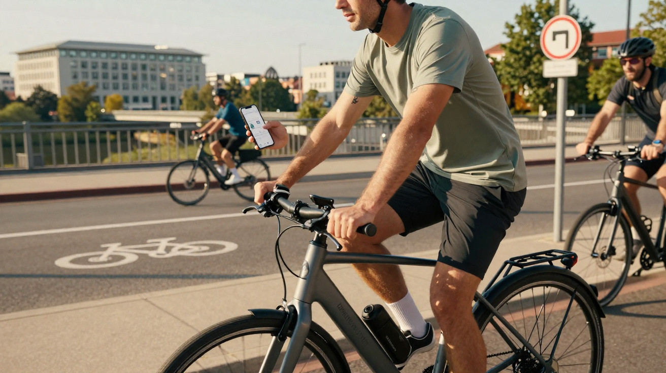 Homem de capacete a andar de bicicleta numa ciclovia urbana, a segurar um telemóvel com mapas.