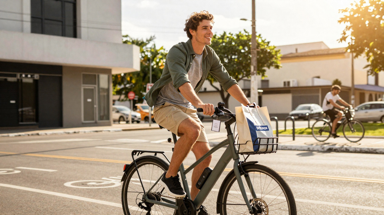 Homem jovem a andar de bicicleta elétrica numa rua urbana com um saco de compras no cesto da frente.