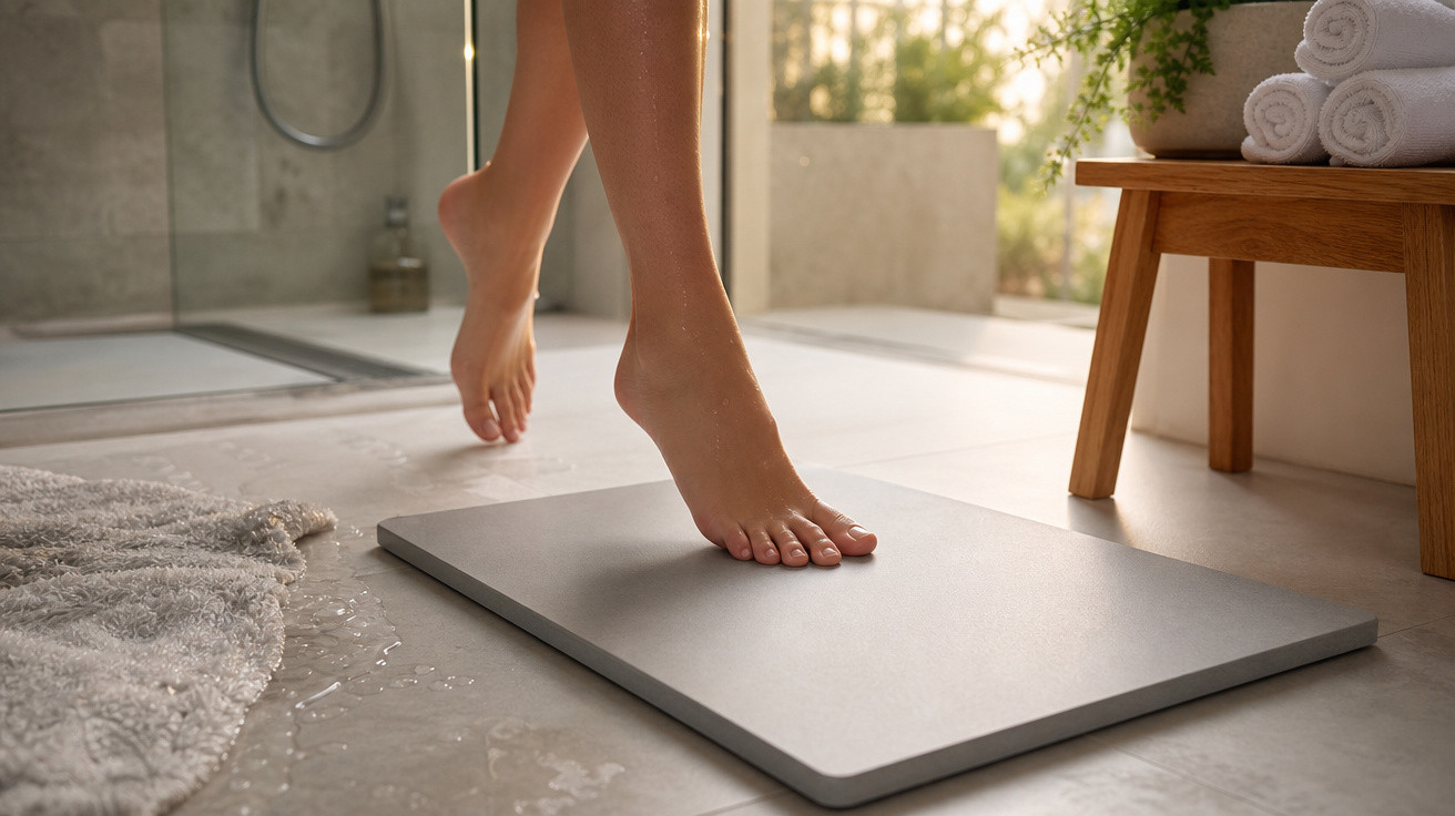 Pés femininos molhados a pisar num tapete antideslizante na casa de banho iluminada pela luz natural.