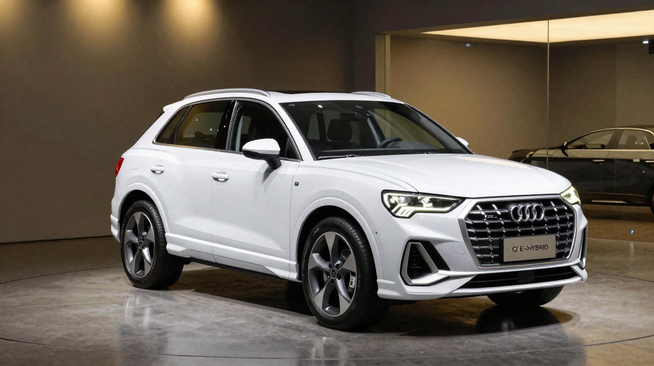 Audi Q3 e-tron branco estacionado em espaço interior com iluminação suave e chão reflexivo.