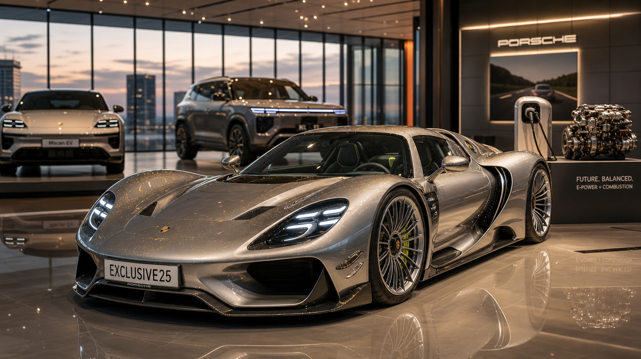 Carro desportivo Porsche prata expositor em sala elegante com outros veículos elétricos ao fundo.