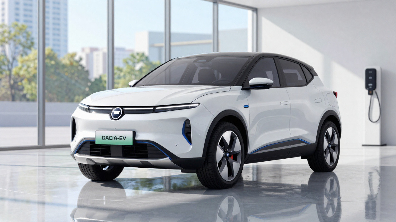 Carro elétrico Dacia EV branco estacionado num espaço interior com parede de vidro e estação de carregamento.