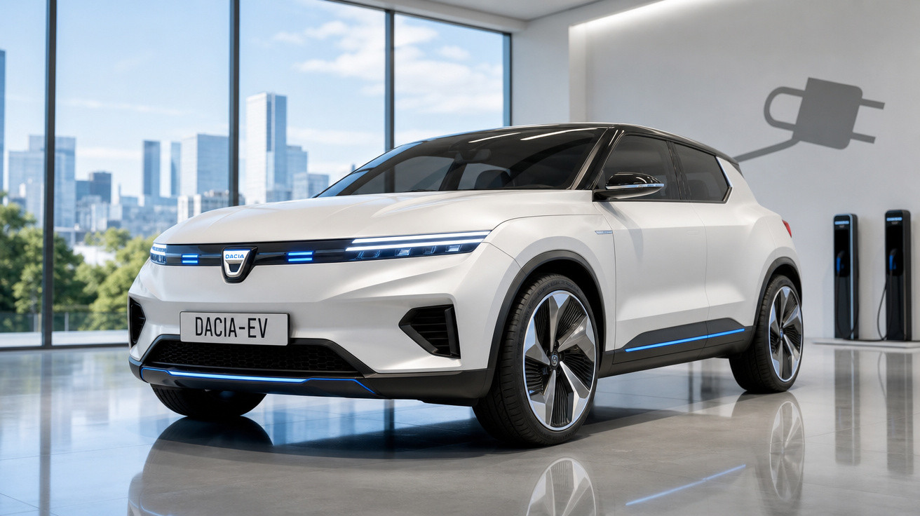 Carro elétrico Dacia branco estacionado numa garagem moderna com janelas grandes e estações de carregamento.