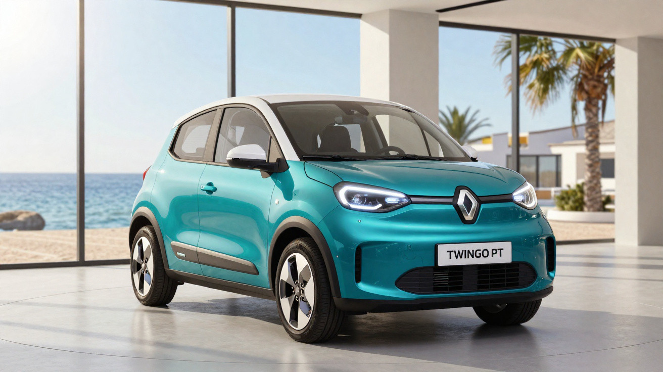 Carro Renault Twingo PT azul turquesa estacionado em garagem com vista para o mar e palmeiras.
