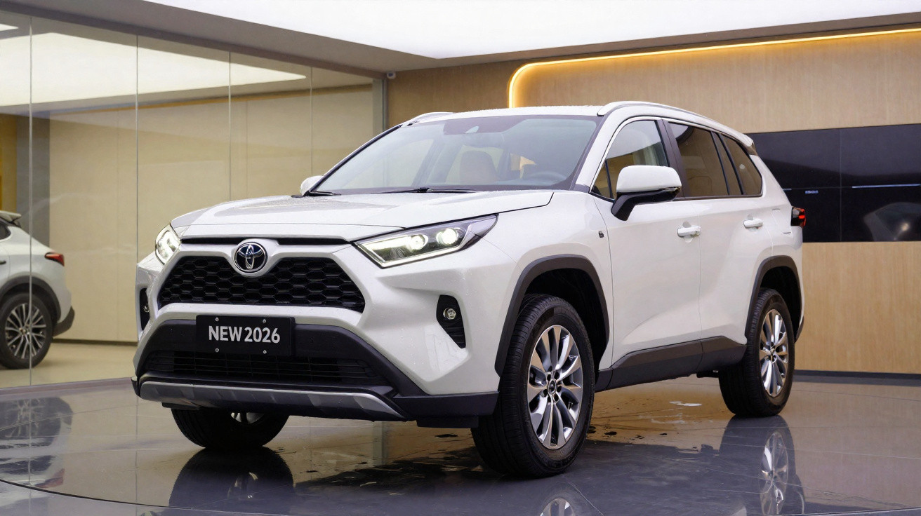 SUV branco Toyota modelo 2026 exposto em showroom moderno com chão refletor e parede de madeira.