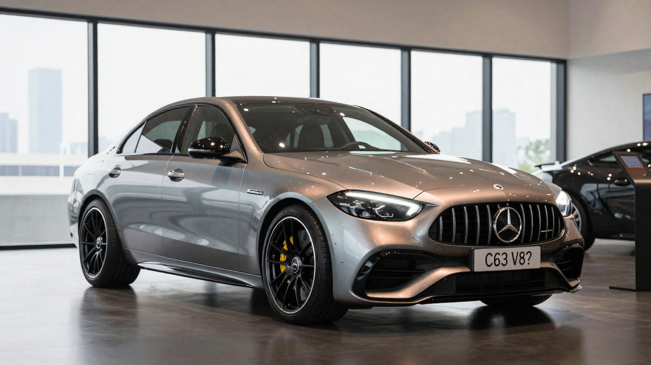 Carro Mercedes-Benz prata brilhante modelo C63 V8 exposto em showroom moderno com janelas grandes.