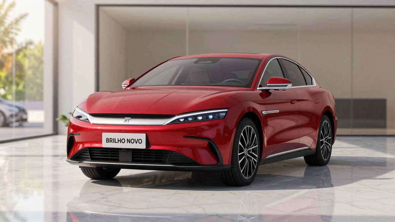 Carro elétrico sedan vermelho com design moderno numa sala com chão branco e parede de vidro.