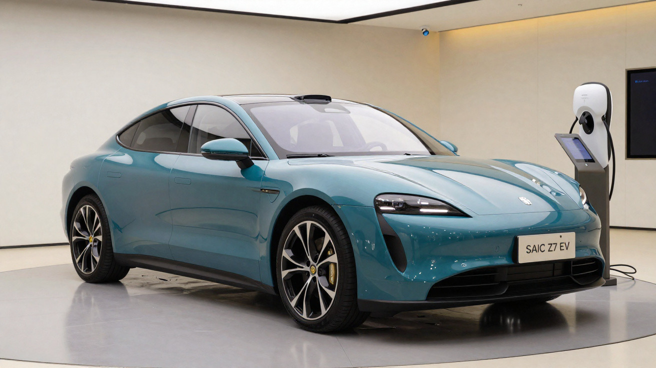 Carro desportivo elétrico azul SAIC Z7 EV em exibição interior junto a posto de carregamento.