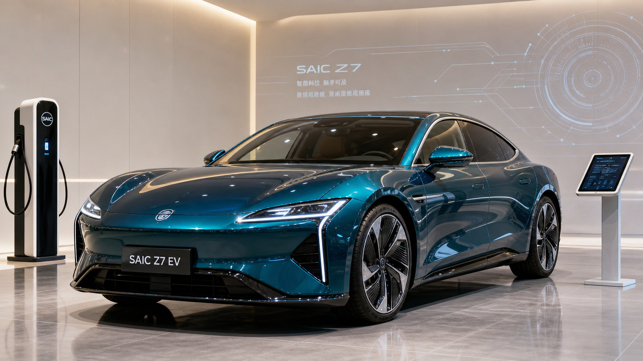 Carro elétrico SAIC Z7 EV azul exibido em showroom moderno com estação de carregamento e ecrã digital.