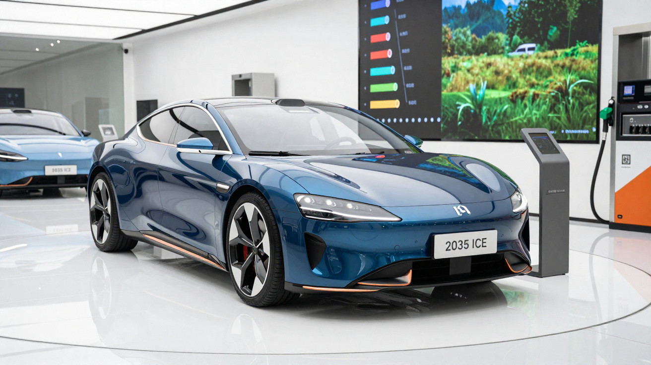 Carro elétrico azul metálico em exposição numa sala branca com painel e estação de carregamento ao fundo.