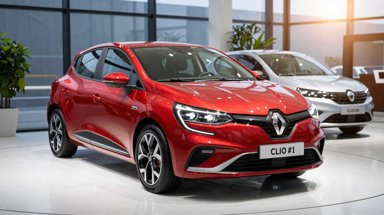 Dois carros Renault Clio expostos num salão, um vermelho em destaque e outro branco ao fundo, com iluminação natural.