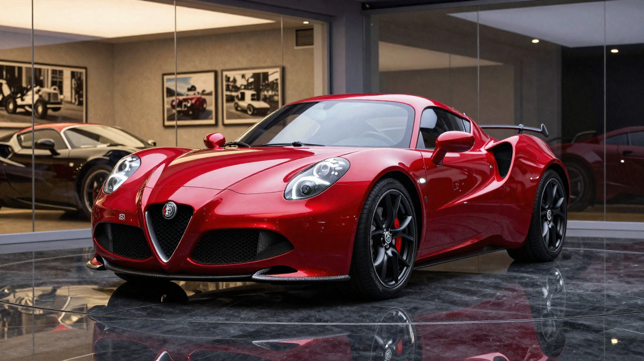 Carro desportivo Alfa Romeo 4C vermelho estacionado em showroom com chão espelhado.