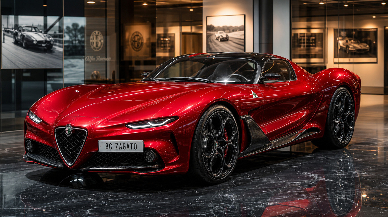 Carro desportivo vermelho Alfa Romeo 8C Zagato em exposição num showroom moderno.