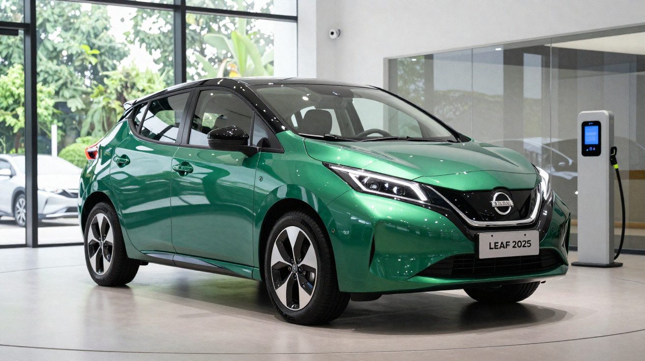 Carro elétrico Nissan Leaf 2025 verde em exposição, com estação de carregamento ao lado, em ambiente moderno e luminoso.