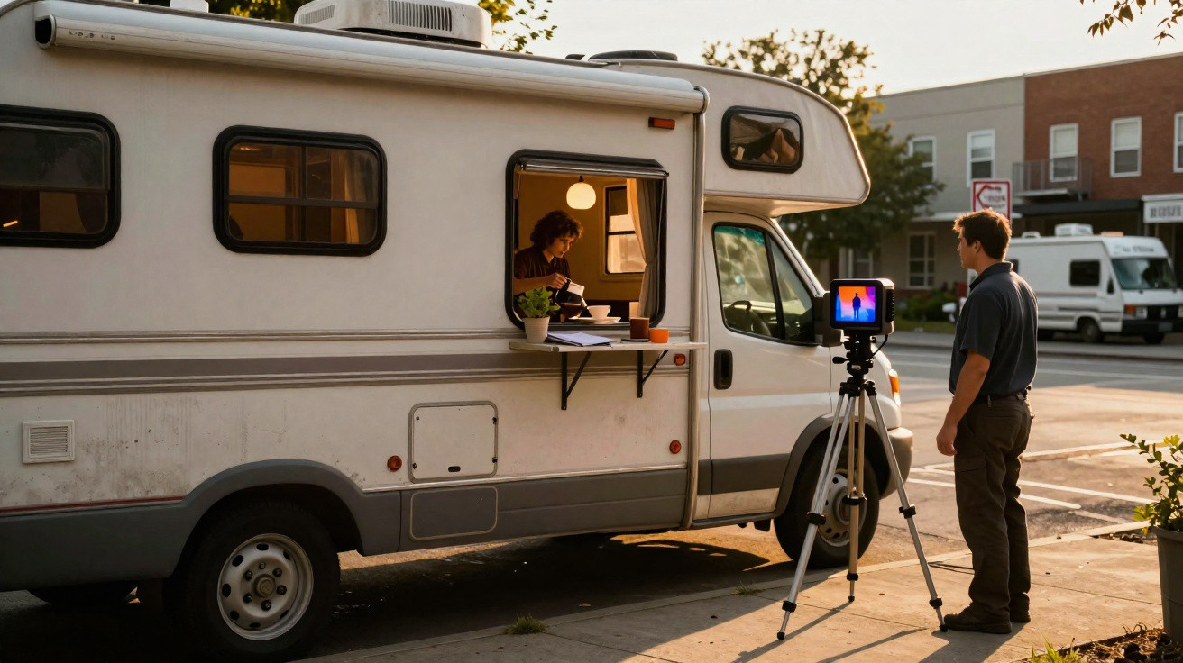 Homem filma mulher numa autocaravana estacionada ao fim do dia numa rua da cidade.