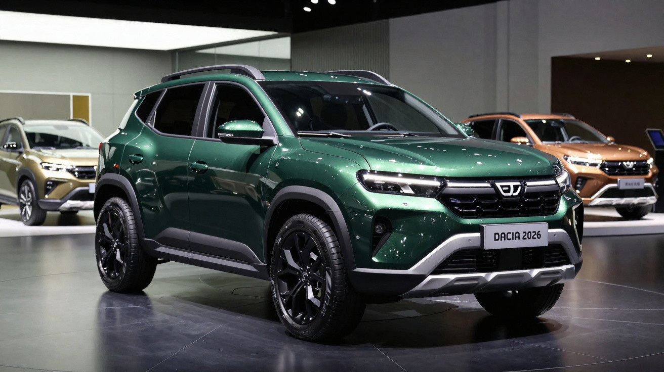 SUV Dacia verde 2026 em exposição automóvel com outros carros ao fundo.