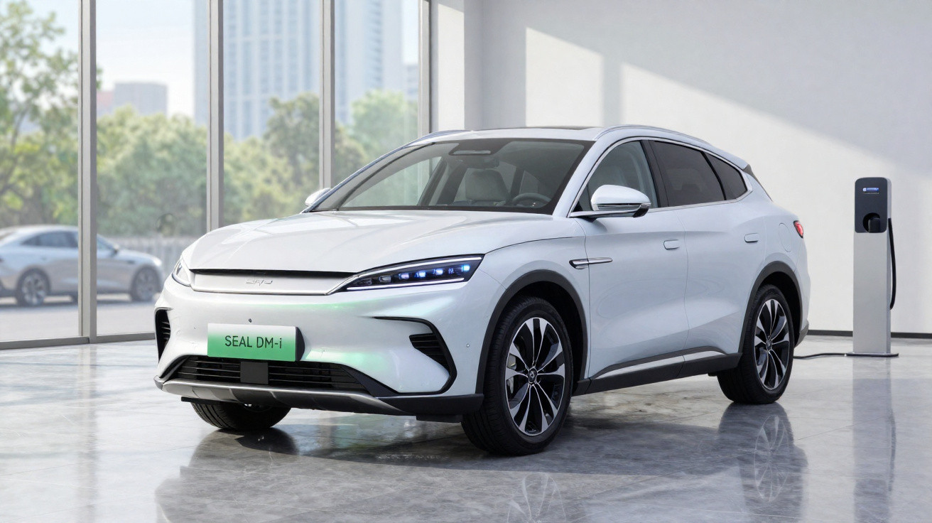 Carro elétrico branco estacionado em espaço interior com carregador elétrico à direita.
