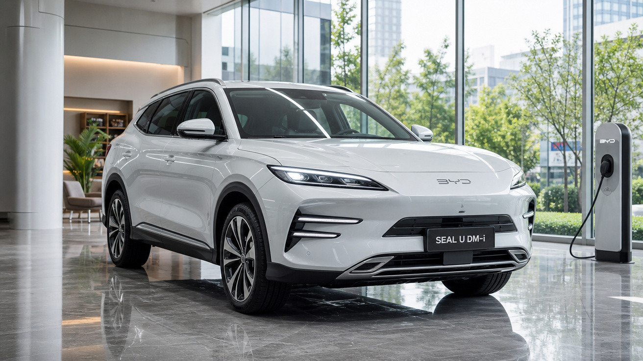 Carro elétrico SUV branco estacionado numa sala moderna com carregador elétrico ao fundo.