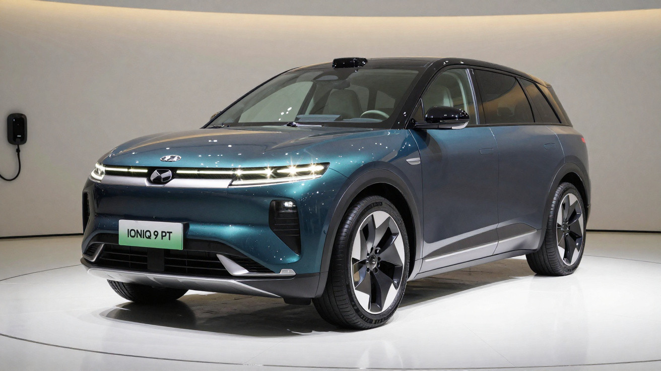 Veículo elétrico Hyundai Ioniq 9 azul com faróis LED num espaço moderno e minimalista.