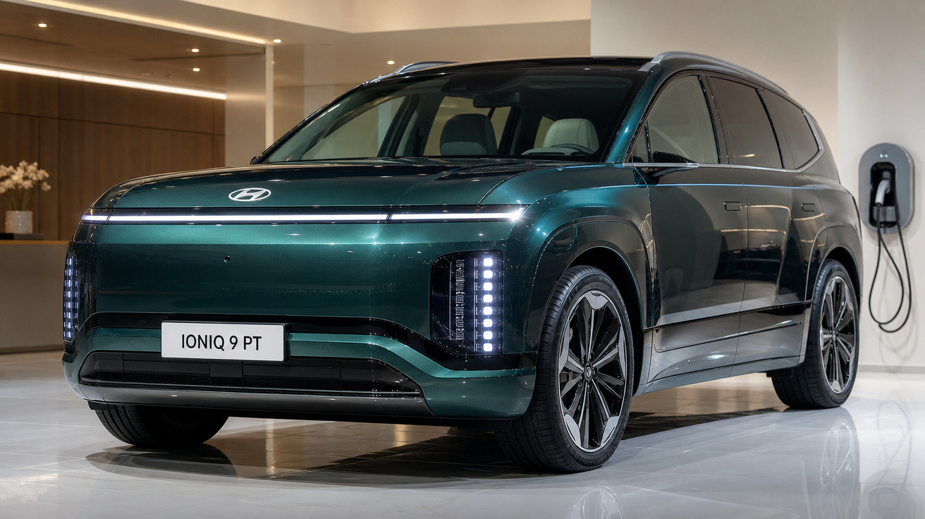 SUV elétrico Hyundai Ioniq 9 verde escuro em exposição interior, ligado a carregador de parede.
