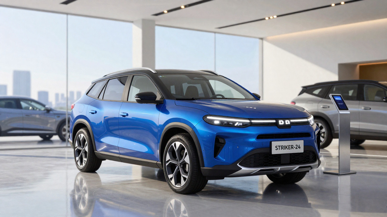 Carro elétrico SUV azul estacionado em salão de exposição moderno com janelas amplas e outros veículos ao fundo.