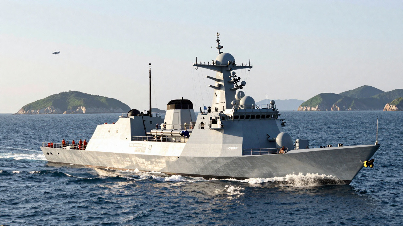 Navio militar moderno cinzento a navegar em mar calmo com ilhas e um avião ao fundo.
