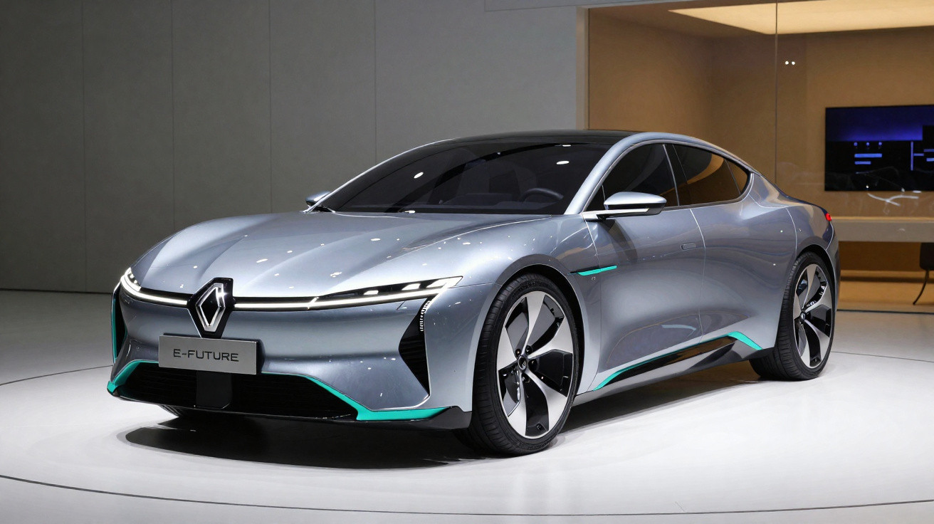 Carro elétrico Renault E-Future cinzento em exposição num espaço moderno com iluminação interior.