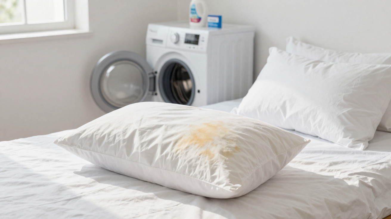 Travesseiro branco com mancha amarela em cama branca, máquina de roupa ao fundo perto de janela.