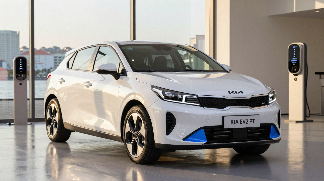 Carro elétrico branco Kia EV2 PT estacionado em espaço interior com estações de carregamento.
