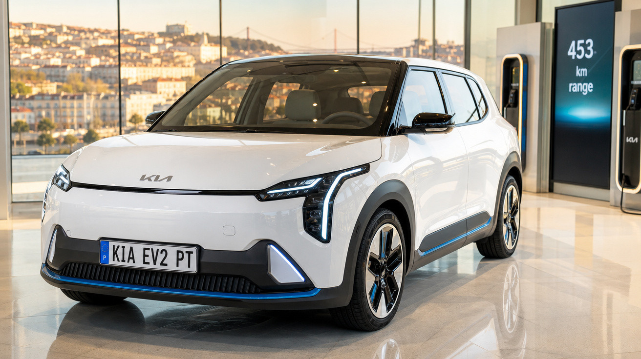 Carro elétrico Kia EV2 branco estacionado em interior com vista urbana ao fundo.