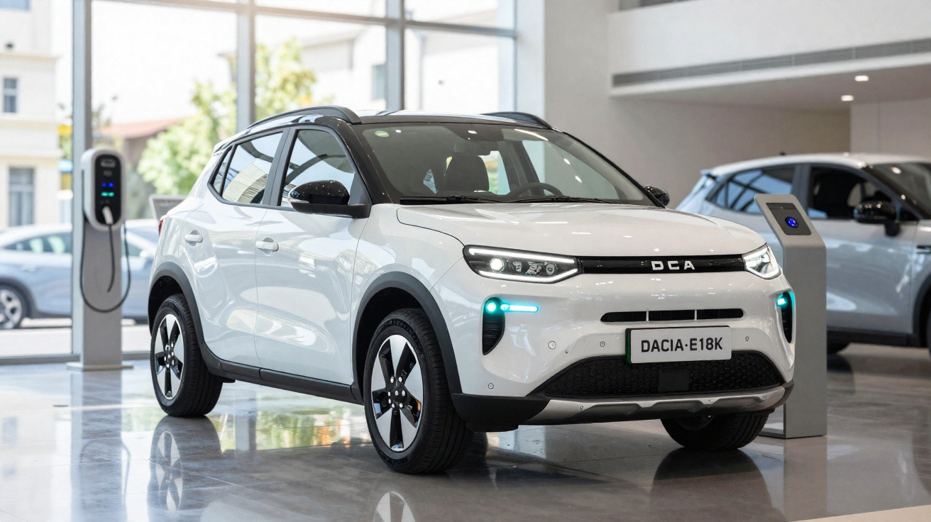 Carro elétrico branco Dacia E18K num showroom moderno junto a estação de carregamento.