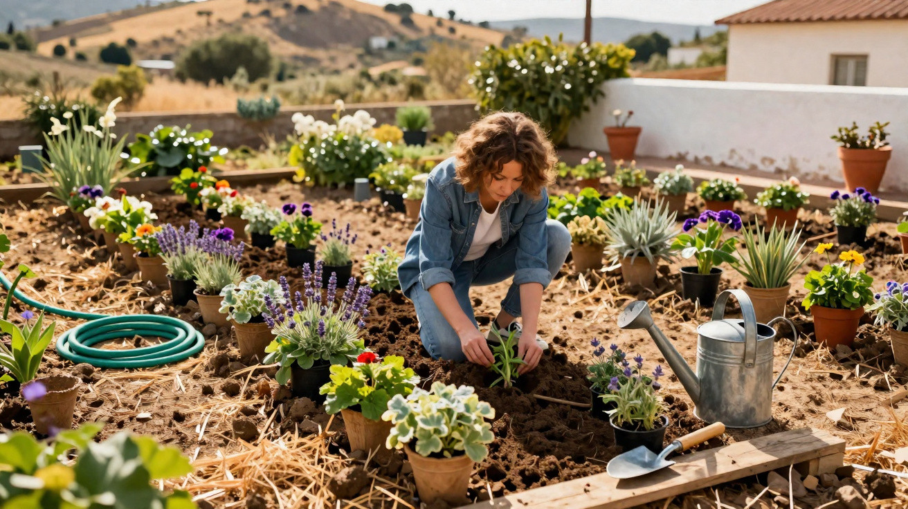 Mulher a plantar flores num jardim com vários vasos e ferramentas de jardinagem ao redor.