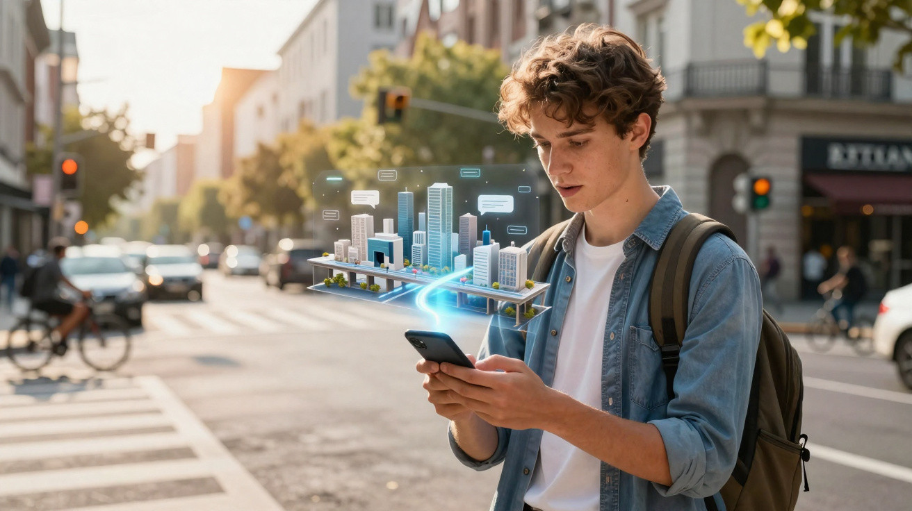 Jovem numa rua da cidade a usar telemóvel com projeção holográfica de edifícios urbanos.
