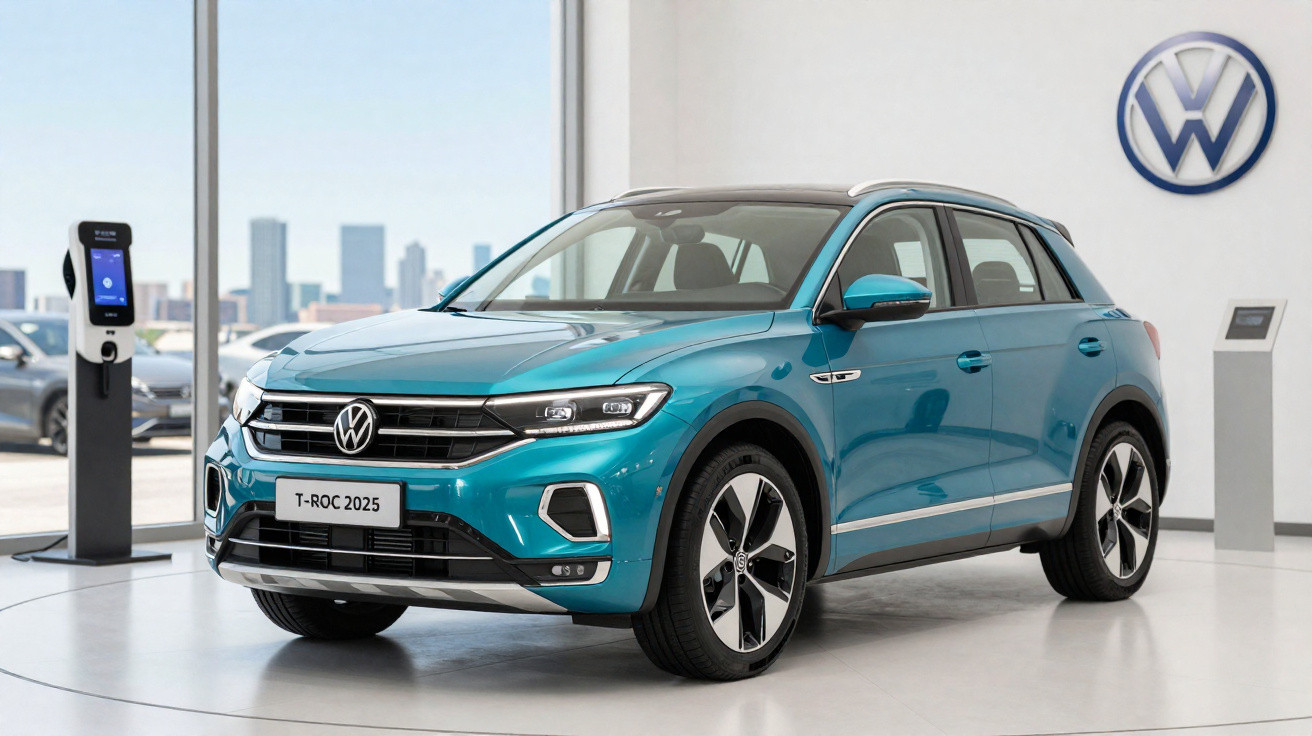 Carro SUV Volkswagen T-ROC 2025 azul exposto em showroom moderno com logótipo VW na parede.