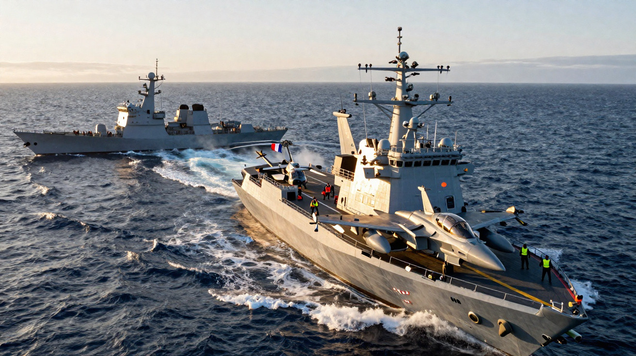 Dois navios militares no mar aberto, um com um avião de caça no convés e tripulantes a bordo.