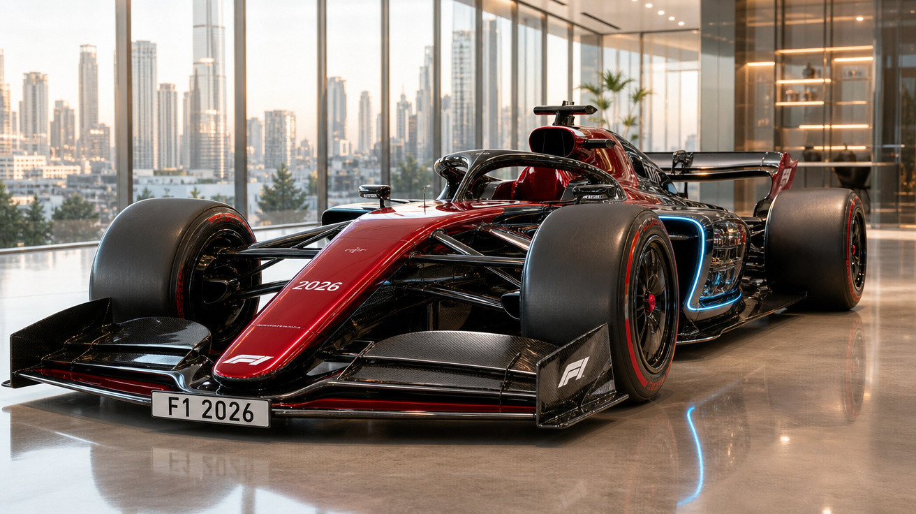 Carro de Fórmula 1 do modelo 2026 em exposição num salão moderno com vista para arranha-céus da cidade.