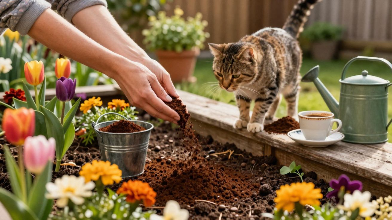 Pessoa a deitar terra numa horta com flores coloridas, gato curioso ao lado e uma chávena de café.